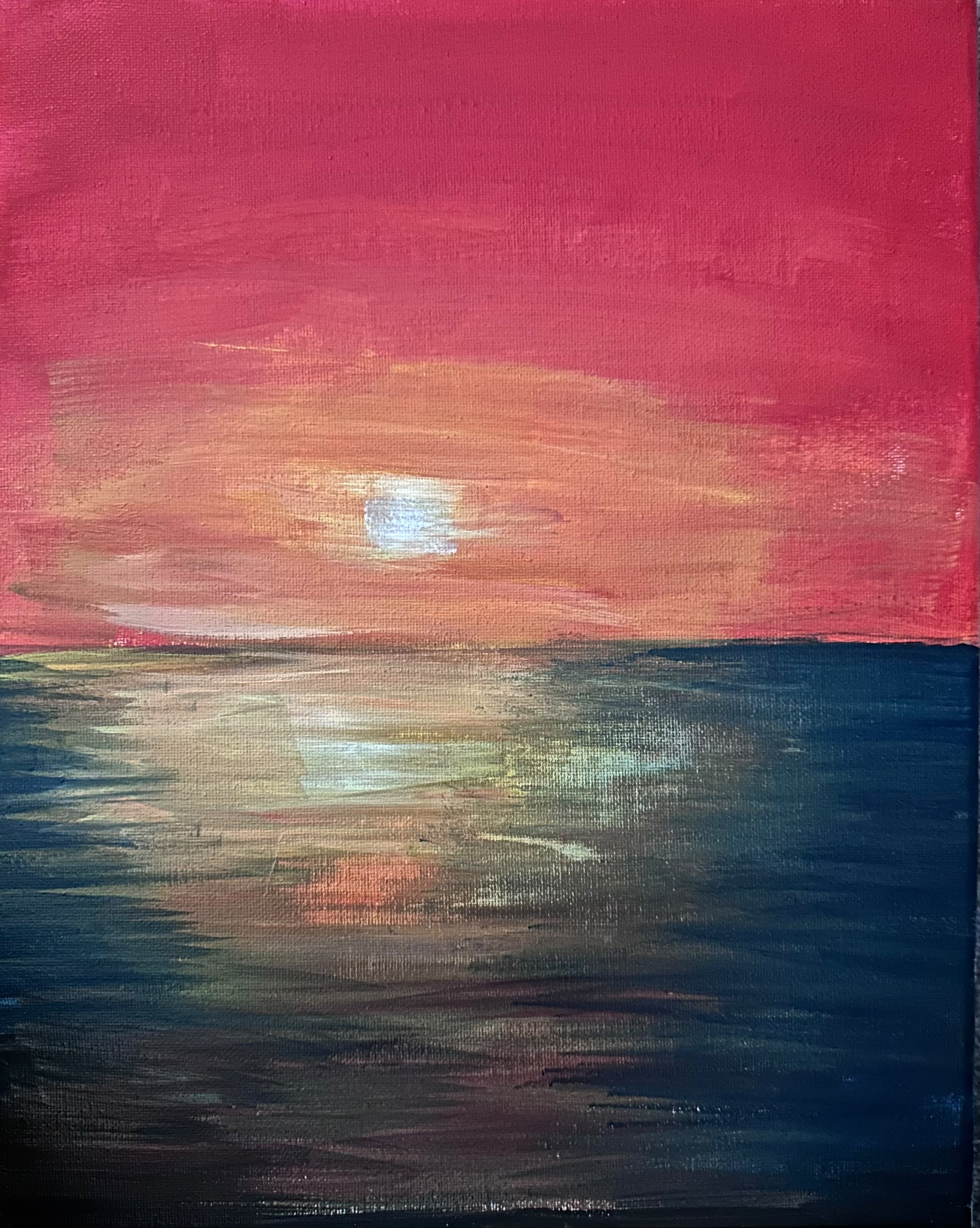 Abstract red sunset over water, painted by Nazrul Islam