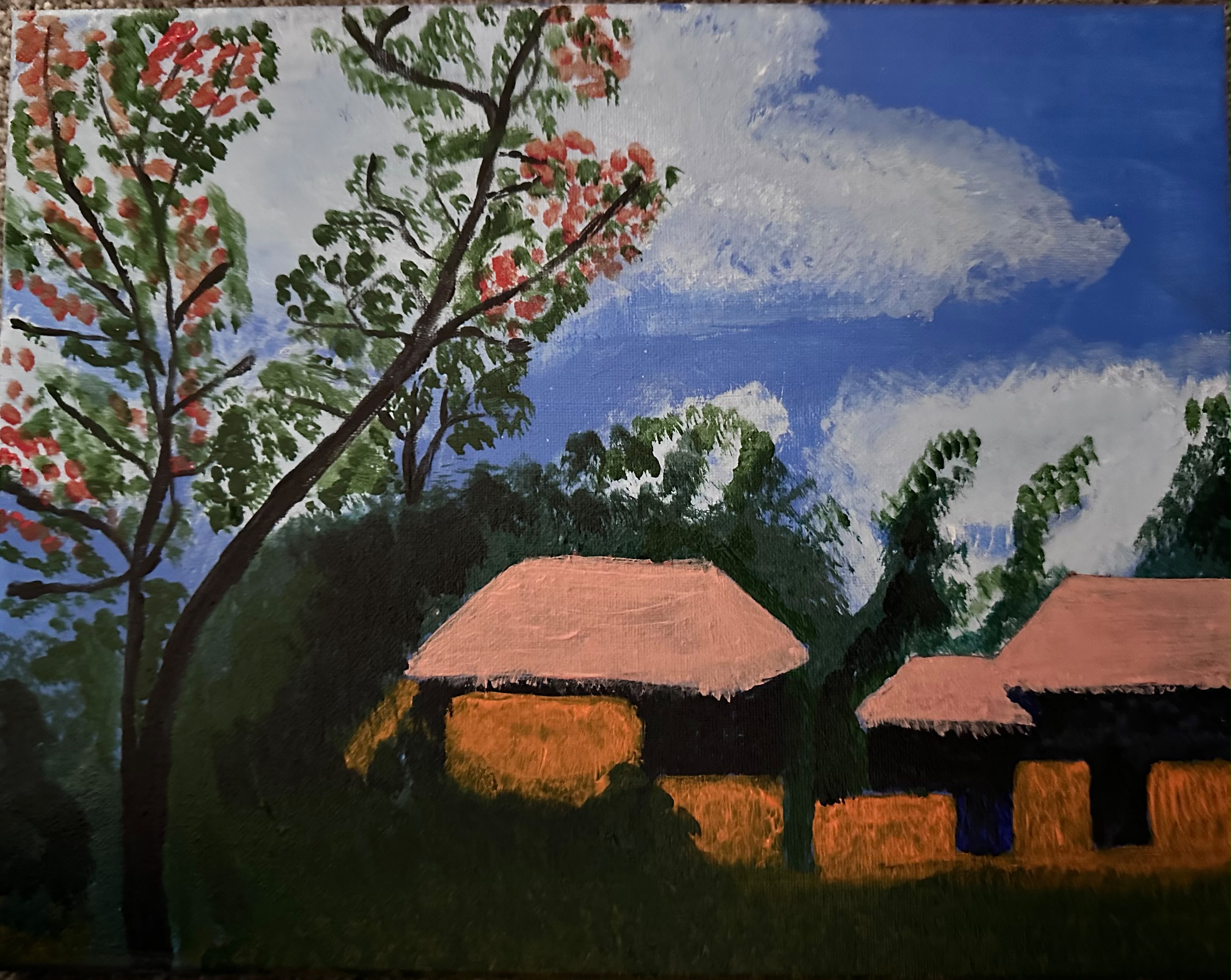 Village and flowering tree painting by Nazrul Islam